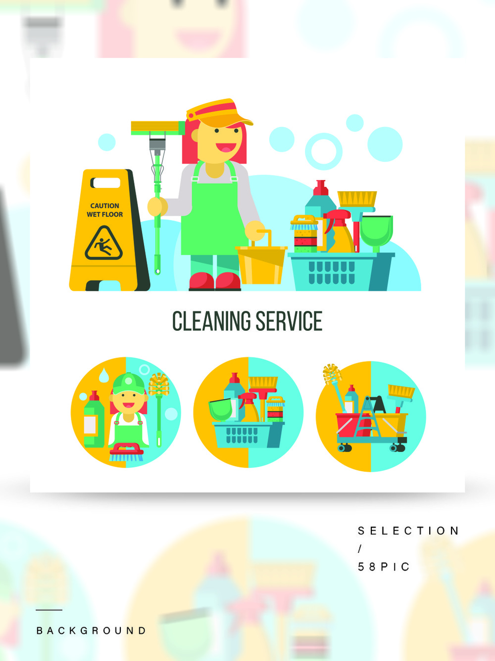 清潔服務(wù)平面矢量圖套標志徽標專業(yè)清潔場所套在白色背景隔絕的傳染媒介cliparts有拖把的清潔女工清潔產(chǎn)品濕地板標志